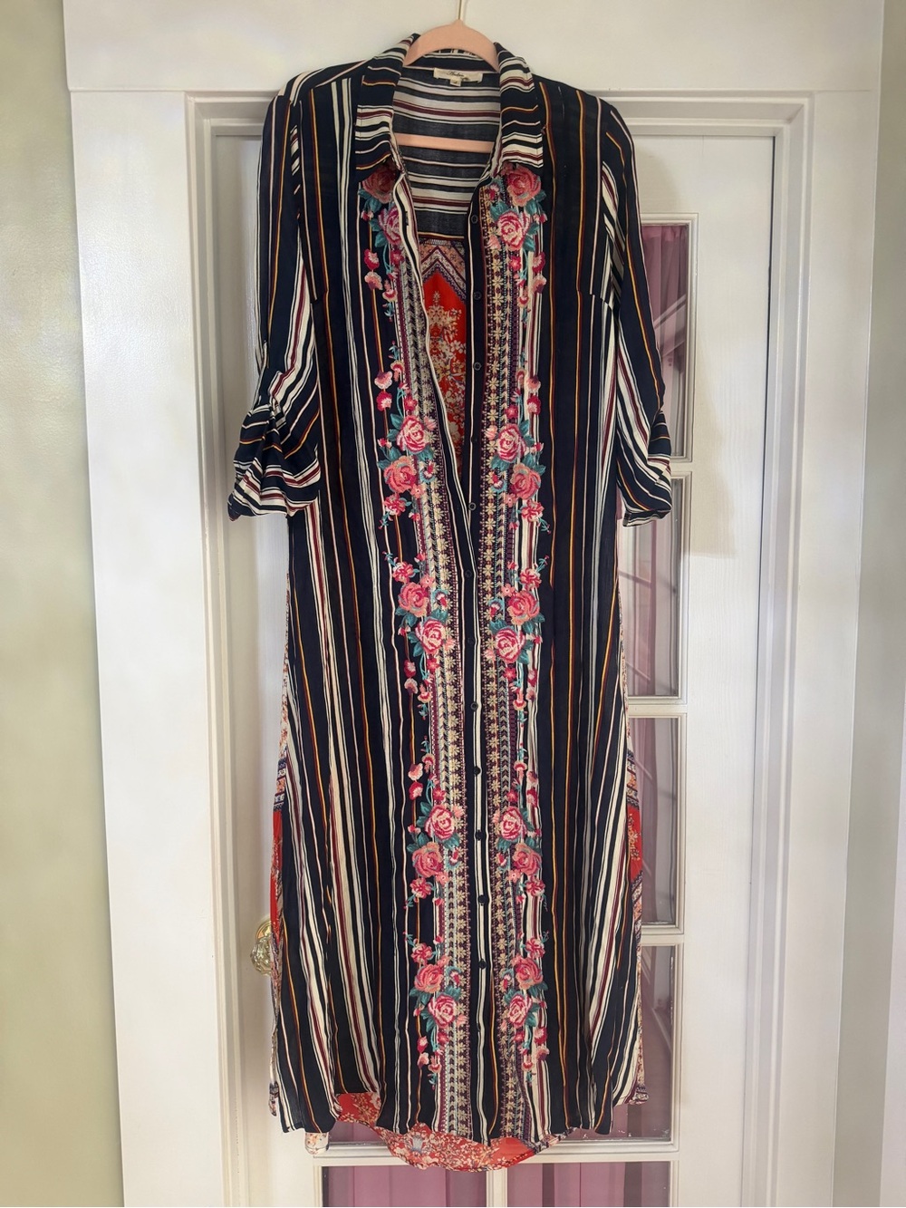 Andree Embroidered Stripe Maxi Dress - Black with Pink Floral